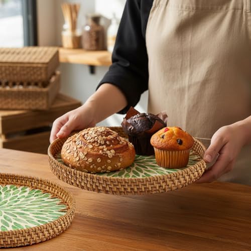Handwoven Round Rattan Tray with Mother of Pearl Inlay, 11.02inch Round Decorative Serving Tray for Dining Table, Wall Decor & Gift(Size:Leaf)