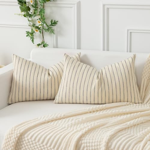 Kevin Textile Pillow Covers, Rectangle Throw Pillow Covers Set of 2, Boho Woven Texture Linen Striped Decorative Burlap Pillow Cases for Couch Bedroom Living Room, 12x20 inch, Cream White - color: A-beige, size: 20" x 12" (Pack of 2)