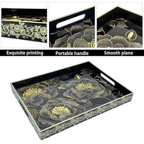 Serving Tray with Handles, 15.7 * 11.8 inches, Plastic Ottoman Tray with Exquisite Paintings, Trays for Coffee Table - color: Black Peony