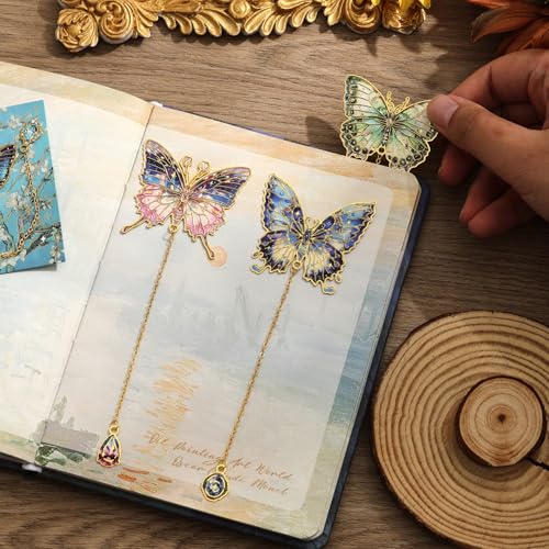 6 Pieces Metal Butterfly Bookmarks with Chain, Golden Hollow Bookmark Monet Oil Painting Theme Book Mark Bookmarks for Book Lovers Writers Readers Children Teens for Women - color: Butterfly