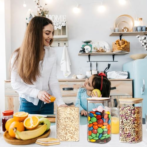 1.6 Qt Square Glass Storage Containers with Lids, Clear Food Storage Container Jar with Sealing Bamboo Lid for Noodles Flour Cereal Rice Sugar Tea Coffee Beans (Square-3Pack) - size: Square 1.6 Qt -3Pack