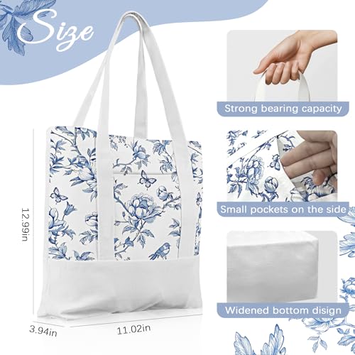 6 Pcs Mini Floral Bow Tote Bags for Women White Canvas Tote Bag Bulk Reusable Coquette Bags for Wedding Party Favor - color: Blue Floral
