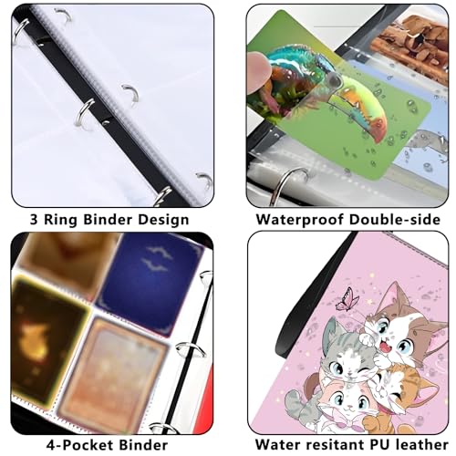 4 Pocket Trading Card Binder, Holds 400 Cards, Zipper Binder - color: Cute four kittens