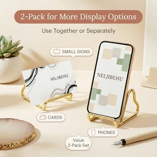 2 Pcs Cute Gold Metal Heart Business Card Holder for Desk - color: gold