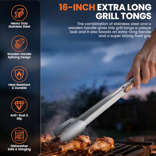 16-Inch Grilling Tongs,Extra Long BBQ Tongs Barbecue Tong with Wood Handles