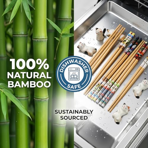 Kawaii 5 Pairs Bamboo Chopsticks & 6 Cute Lucky Cat Holders, Classic Japanese Style, Dishwasher Safe, Gift Set