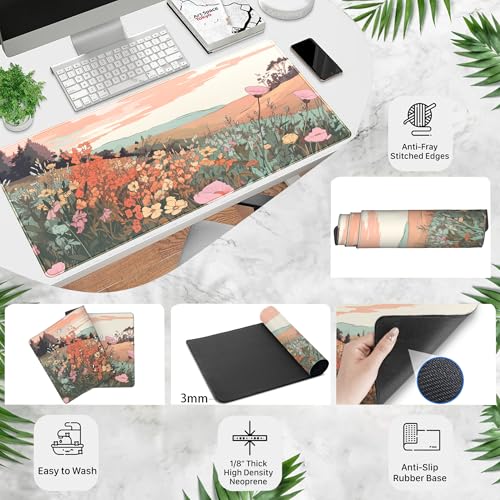 Desk Mouse Pad Large Desk Mat Botanical Flowers Mouse Mat Gaming, Extended Floral Keyboard Pad XXL, Long Desktop Laptop Mat Aesthetic Watercolor Wildflower Office Decor for Women 31.5x15.7 Inch - color: Rolling Field