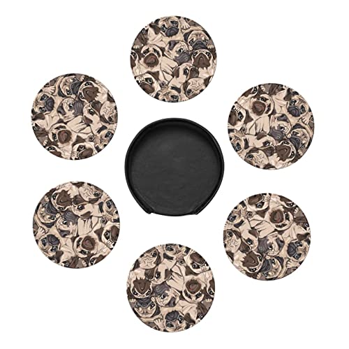 6 Pcs Leather Coasters for Drinks with Holder Humor Pugs Dogs Coaster Sets Drink Table Cup Coasters for Kitchen Coffee Decor - color: Humor Pug Dogs