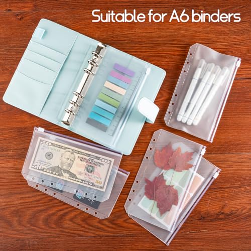 16 Pcs A6 Zippered Binder Envelope Pouches for 6-Ring Budget Cash System, Clear Inserts for Money Saving and Budgeting, With 42 Sticky Labels - size: A6