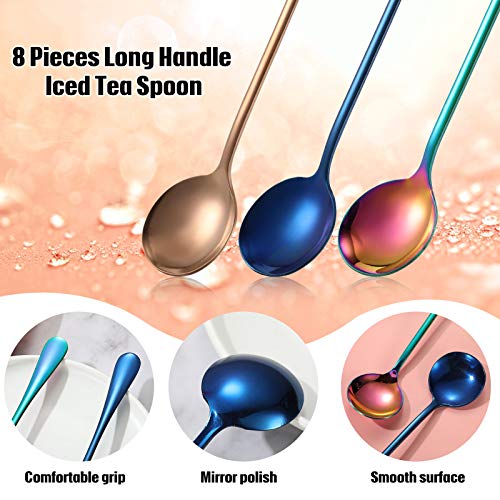 8 Pcs Long Handle Tea Spoon, Stainless Steel Mixing Spoon, Round Style - style: Round Style
