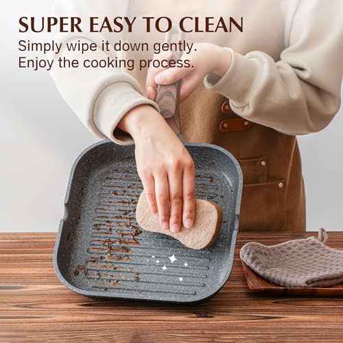 SENSARTE Nonstick Grill Pan with Lid, Grill Pan for Stove Tops, Versatile Griddle with Pour Spouts, Square Big Cooking Surface, Durable Skillet Indoor & Outdoor Grilling. PFOA Free, 12Inch - color: Gray Granite, size: 12 Inch