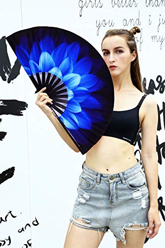 Large Folding Hand Fan Rave Fans, Blue Flowers - color: Blue Flowers