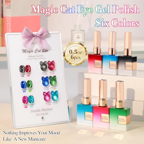 Double Rhythm Cat Eye Gel Nail Polish Set of 6 Same Color Same Bottle 0.5 Oz Shimmer Glitter with Magnet Holographic Reflective Magnetic UV Polish Kit at Home (Black Red Green Navy-T6-44) - color: Black Red Green Navy
