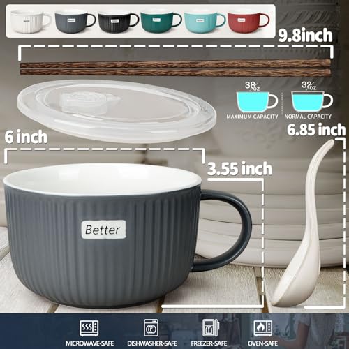 Artena 38 oz Soup Bowls with Handles, Lids, Spoons & Chopsticks – 6 Inch Large Microwave Safe Ceramic Ramen Bowls, Soup Mugs & Cereal Bowls for Instant Noodles, Oatmeal, Meal Prep (Grey-Set of 2) - color: Grey-Set of 2
