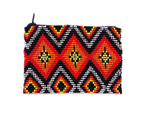 Native American Inspired Diamond Pattern Czech Glass Seed Beaded Coin Purse Zipper Pouch - Womens Fashion Handmade Bags Tribal Travel Accessories (Silver) - color: Silver
