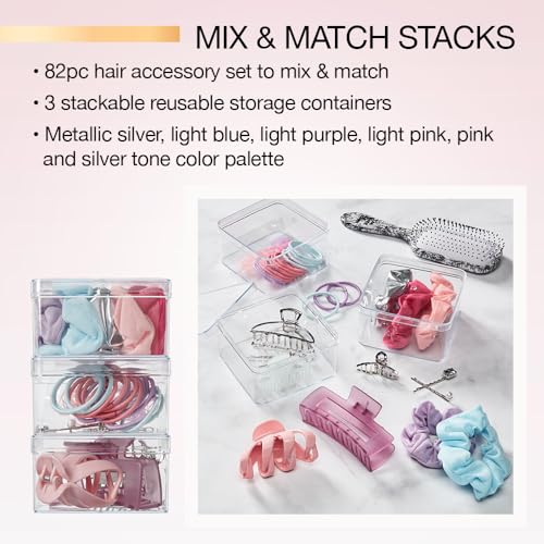 Scunci by Conair 82 piece hair accessory kit - hair accessories for women - claw clips - includes stackable storage - color: Pastel