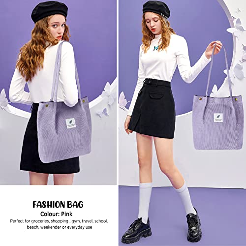 Ayieyill Corduroy Tote Bag for Women Canvas Shoulder Cord Purse with Inner Pocket - color: Purple Grey