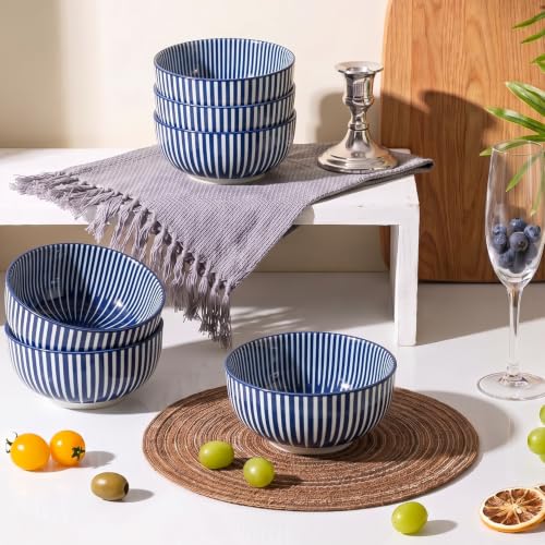 Ceramic Soup Bowls, 28 Ounces Striped Ceramic Cereal Bowls Set of 6 - color: Blue Radial Striped