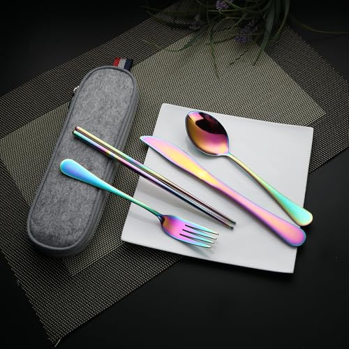 DEVICO Travel Utensils with Case, 5 Piece Portable Silverware Set for Work - color: Rainbow