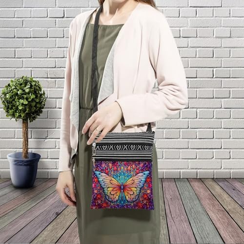 Stained Glass Pattern Crossbody Handbag with Zipper Butterfly World Tree Bee Aesthetic Present for Woman - color: Pink Butterfly