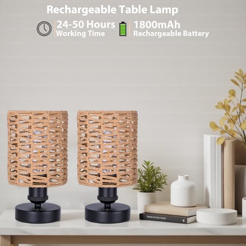 Cordless Outdoor Table Lamps, Small Rattan Boho, Rechargeable Battery Operated for Outdoor Patio, Home, Living Room, Bedroom, Bedside - Set of 2 (Beige-B) - color: Beige-B