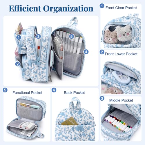 Cute Pencil Case, Soft Corduroy Pencil Pouch, Large Capacity Pencil Bag, Mini Backpack Aesthetic Pen Organizer for Stationery for Students Teen Girls Women, Blue Floral - color: Blue Floral