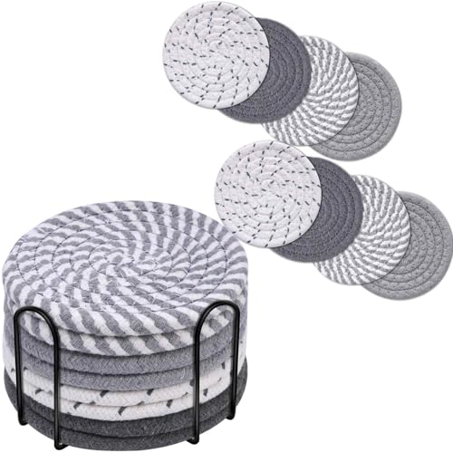 Drink Coasters 8 Pack with Holder, 4-Color Cotton Woven Absorbent Coasters Set, Minimalist 4.3in Cup Mat for Home Decor, Dining Table, Living Room, Tabletop-Protection for Coffee Beverage-Grey - color: Gray