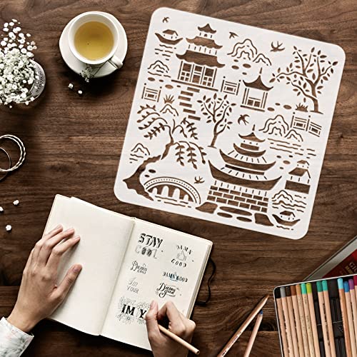FINGERINSPIRE Secret Garden Toile Drawing Stencil 11.8x11.8inch Reusable Birds Tree Mountains Stencil Buildings Bridge for Painting on Wood, Floor, Furniture, Wall and Paper - color: Secret Garden Toile