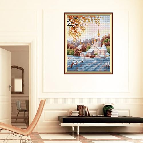 CROSSDECOR Cross Stitch Kits for Adults,Stamped Cross Stitch Kits,DIY Needlepoint Kits for Beginners Counted Embroidery Craft Supplies for Home Décor - Church 7.8×10.6in - color: Church 7.8×10.6in