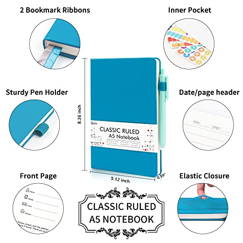 feela 24 Pack Journal Notebook Bulk for Work, Business Notebook Hardcover Lined Writing Journal with Pen Holder for Men Women Note Taking, with 24 Black Pens, 120 GSM, 5.1”x8.3”, A5, Teal - color: 24 Teal