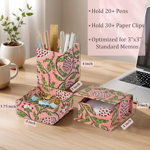 Ridhi Strawberry Pink Block Print Office Desk Organizer Pen & Note Holder - color: Strawberry Pink