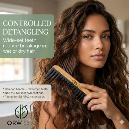 ORW Wide Tooth Comb, Bamboo Detangling Comb for Curly Hair, Wet & Dry Hair