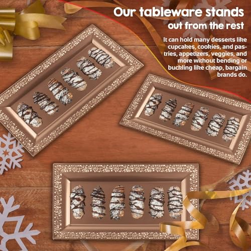 (12 pk) 14" x 7.5" Rose Gold Lace Rim Plastic Serving Trays & Platters | Heavy Duty Disposable Decorative Dessert Tray - Party Platters for Upscale Parties Weddings - color: Rose Gold Lace, size: 12 Pack