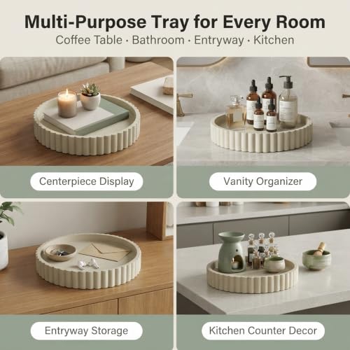 Round Solid Concrete Tray, Fluted Centerpiece for Coffee Table Decor 11" - color: Beige