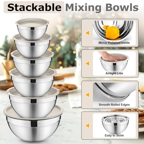 P&P CHEF Mixing Bowls with Lids Set of 6, Nesting Salad Bowl, Khaki - color: Khaki
