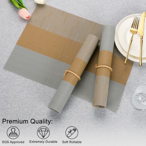 Placemats Set of 4, Vinyl Woven Heat-Resistant Place Mats - color: Gray Light Brown, size: Set of 4