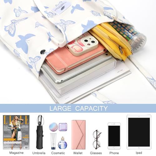 Ayieyill Corduroy Tote Bag for Women Canvas Shoulder Cord Purse with Inner Pocket - color: Blue/Butterfly