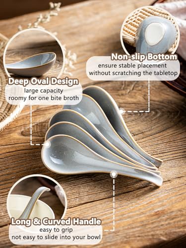 Gomakren Ceramic Chinese Soup Spoon Set of 6, Ramen Spoons 6.5in, Gray - color: Gray