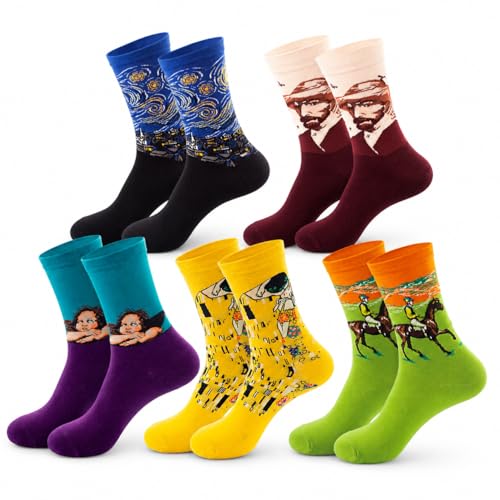 Colorful Funny Novelty Dress Socks for Men Women Teens Fathers Day Casual Fun Crazy Funky Graphic Crew Socks - color: 5 Pairs - Art Style -- Vincent Van Gogh Pattern Socks, size: 6-12