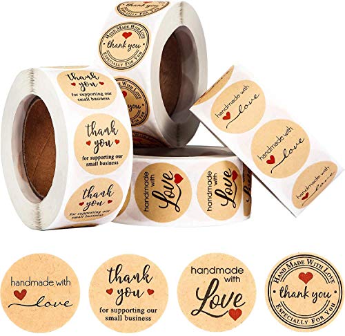 Outus 2000 Pieces Handmade with Love Stickers Roll Thank You Label Kraft Round Adhesive Stickers 4 Rolls, 500 Labels Per Roll for Present Bags Wedding Thanksgiving, 1 Inch