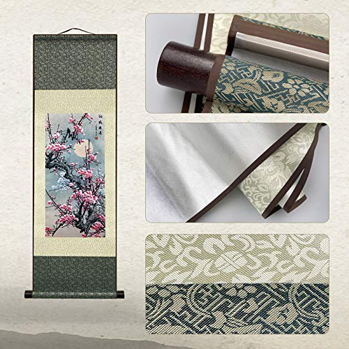 AtfArt Silk Scroll Painting, Asian Wall Art, Red Plum, 36.2x12in - color: C1