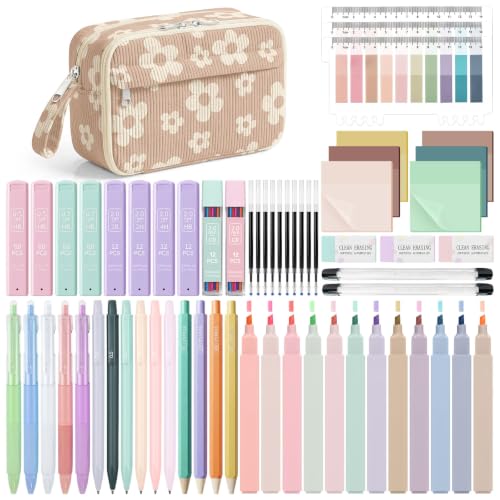 WOBAGMEN 62PCS Aesthetic School Supplies with Corduroy Pencil Case, Pastel Highlighters Gel Pens Mechanical Pencils, Cute College Essentials Set, Cute College Daily Essentials Set（Brown Floral） - color: Brown Floral