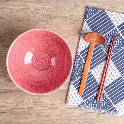 40oz Japanese Ceramic Ramen Bowl Set of 2 with Chopsticks and Spoons for Pho Udon Asian Soup Noodles (Pink) - color: Pink