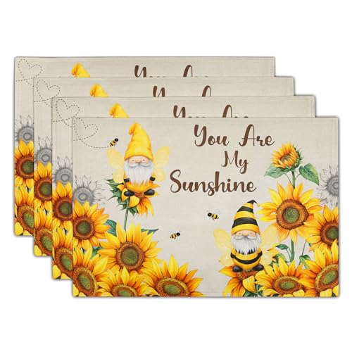 Giwawa Bee Gnomes Placemats Set of 4, 12x18 Inch Vintage Summer Sunflowers Linen Place Mat, Sunshine Floral Heat Resistant Washable Table Mats Kitchen Dining Seasonal Farmhouse Decor - color: Bee Gnome