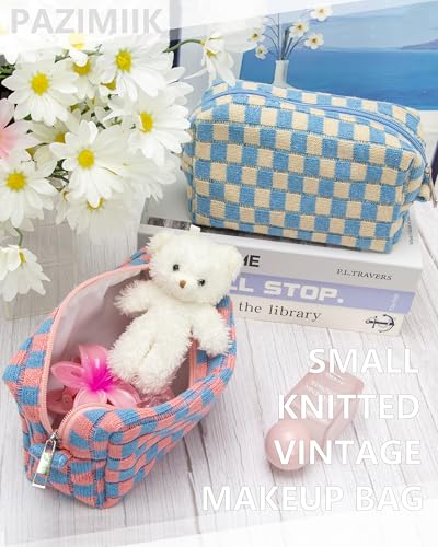 Checkered Makeup Bag for Purse, Small Travel Cosmetic Pouch,Red Blue - color: Red Blue