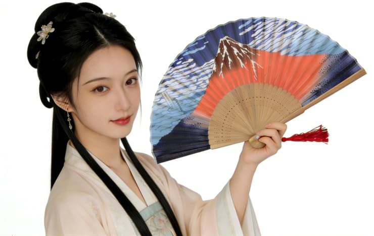 Silk Folding Hand Fan with Great Wave & Mt Fuji Design, 13.75” Handheld Bamboo Accessory with Tassel & Matching Pouch, Portable Oriental Art, Wedding Favor, Festivals - color: Great Wave & Mt Fuji