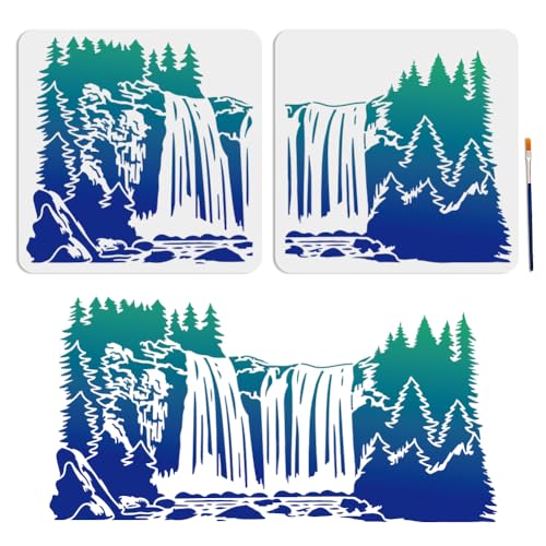 MAYJOYDIY 2pcs Waterfall Scenery Stencil Splicing Patterns 22×11inch Large Forest Mountain Landscape Stencil with Paint Brush Natural Scenery 11.8×11.8inch Drawing Template for Wood Walls Canvas - color: Waterfall Scenery