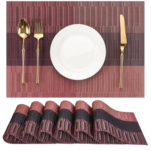 Placemats Set of 6, Vinyl Woven Heat-Resistant Place Mats - color: Purple Red, size: Set of 6