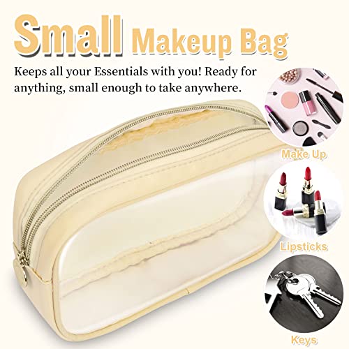Nylon Small Clear Makeup Bag for Purse, Cute Makeup Bag Preppy Cosmetic Zipper Pouch Purse, Waterproof Travel Toiletry Bag Coin Pouch Clutch Makeup Brush Bag Organizer Storage for Women Ladies(Beige) - color: Beige-Clear, size: Small