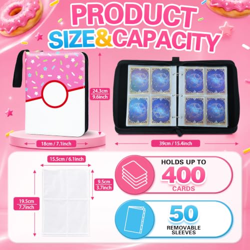 4 Pocket Card Binder 400 Card Holder Album, Pink Donut Trading Cards Holder Zipper Binder for Girl Teen Collection (Pink Donut, 400 Pocket) - color: Pink Donut, size: 400 Pocket